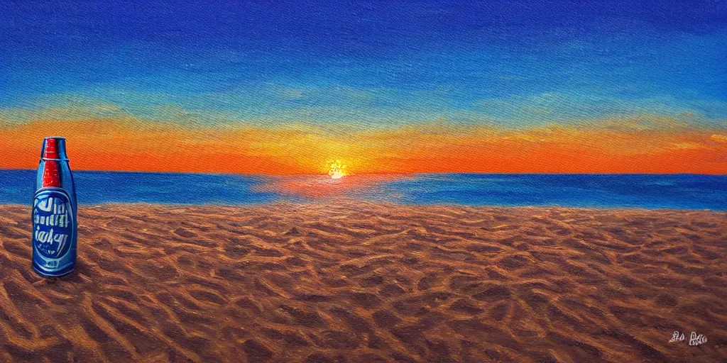 Image similar to can of bud light in the sand on the beach, sunset, landscape, high quality, radiant light, painting, in the style of Bob Ross