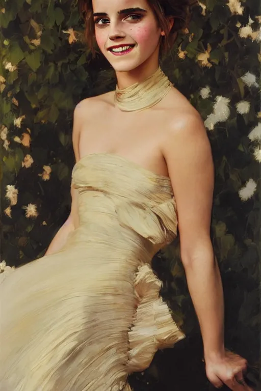 Prompt: emma watson smiling silk gown gaston bussiere craig mullins j. c. leyendecker richard avedon peter lindbergh