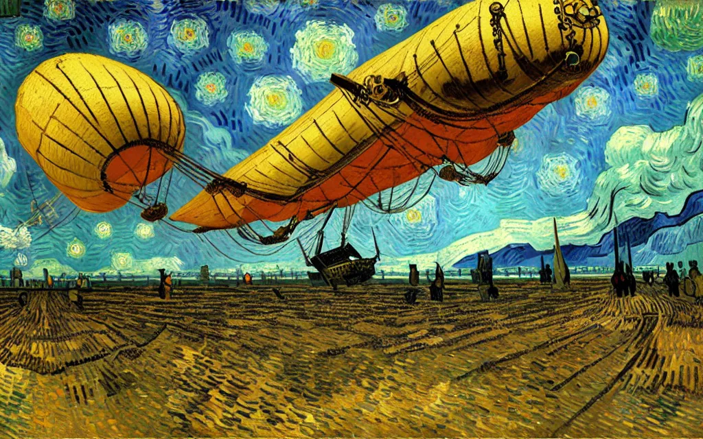 Prompt: detailed expressionist oil painting by van gogh of a steampunk airship rising off of the ground, antique airship with ornate design, landscape painting, expressionism, 8 k resolution, smooth, sharp focus, matte painting