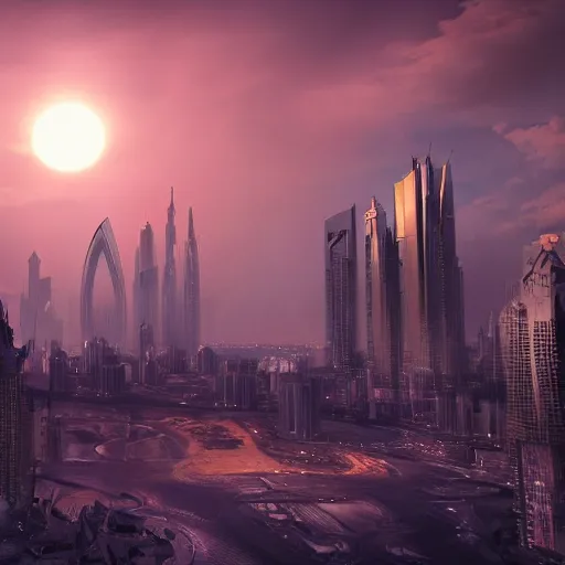 Image similar to detailed concept art of a great dragon presiding over the city of Dubai, the sun over a metropolis with the citizens looking upward in fear, darkness. Fire, stunning volumetric light, sunset, metal, concrete and translucent material, debris, trending on Artstation, 8k, photorealistic, hyper detailed, unreal engine 5, IMAX quality, cinematic, epic lighting,