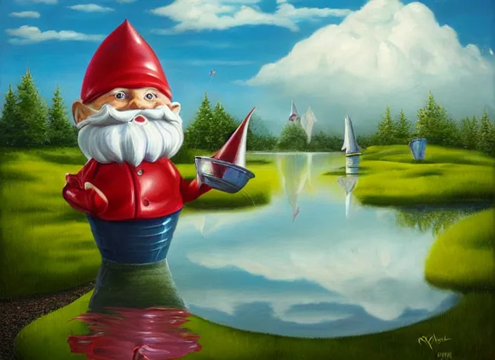 Image similar to a garden gnome sailing in a bucket, whimsical background of a reflective pond on a sunny day with dramatic clouds, an ultrafine detailed painting by mark ryden, trending on deviantart, pop surrealism, whimsical, lowbrow, joyous, perfect symmetrical face