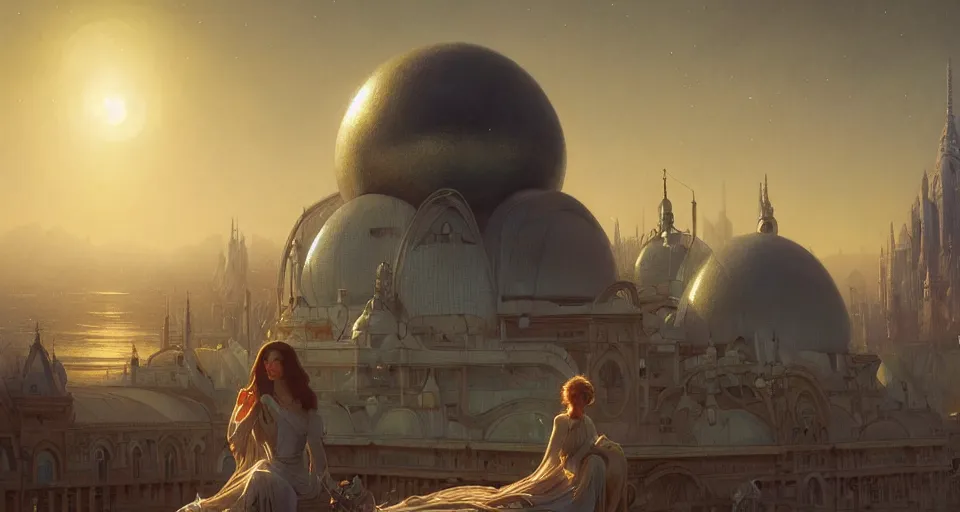 Image similar to cinematic shot, city on the moon, geodesic domes, digital painting, artstation, concept art, soft light, hdri, smooth, sharp focus, illustration, intricate, elegant, highly detailed, in the style of greg rutkowski and alphonse mucha and artemisia, 8 k, highly detailed, jurgens, rutkowski