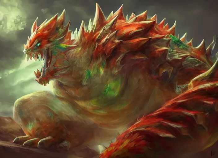 Image similar to detailed concept art of a huge giant bowser by cheng yi and luolin, aartstation, artstationhd, detailed scales, spiky and red hair tuft green scales. bowser, bowser nintendo, koopa, ~ bowser # bowser ( ( mario ) ) bcy. net, realistic. cheng yi, fire breathing. bowser