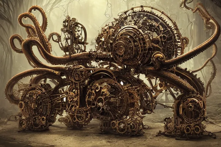 Image similar to biomechanical shiny steampunk vehicle reminiscent of bugatti chiron with (glowing) lights and octopus tentacles parked in ancient mystic woods, gothic and baroque, brutalist architecture, ultradetailed, creepy ambiance, fog, artgerm, giger, Intricate by Ellen Jewett and Josan Gonzalez and Giuseppe Arcimboldo