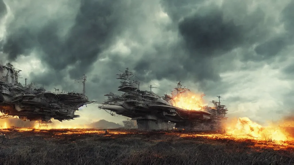 Image similar to an immense steampunk aircraft carrier crashed and burning in a field, thick black smoke billowing, turbulent storm clouds, dystopian, sharp focus, octane render, imax