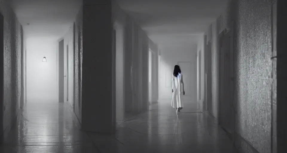 Prompt: A beautiful woman in white is walking dark hallway at midnight , view from front, horror movie.