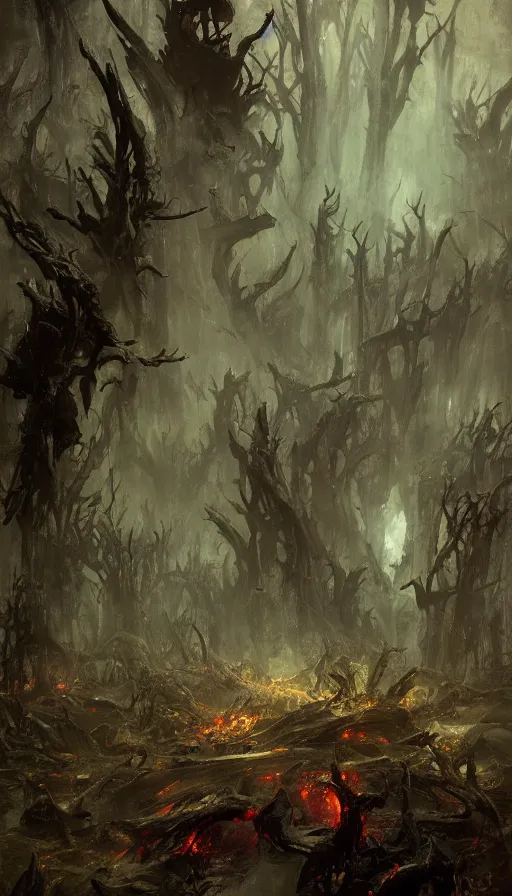 Prompt: a storm vortex made of many demonic eyes and teeth over a forest, by ruan jia