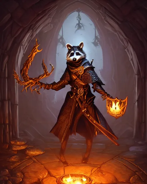 Image similar to anthropomorphic royal warlock raccoon casting a spell in a dungeon, dark souls, d & d, fantasy, intricate, action pose, elegant, highly detailed, digital painting, artstation, concept art, matte, sharp focus, volumetric lighting, illustration, hearthstone, art by artgerm, wlop, greg rutkowski and alphonse mucha