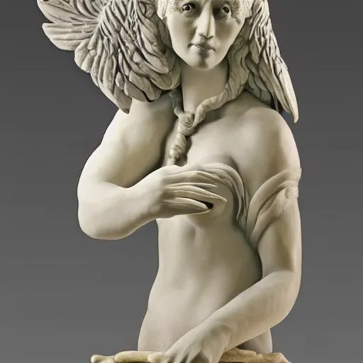Image similar to a dramatic scene of a queen owl-woman statue sculpted in polished limestone by Bernini