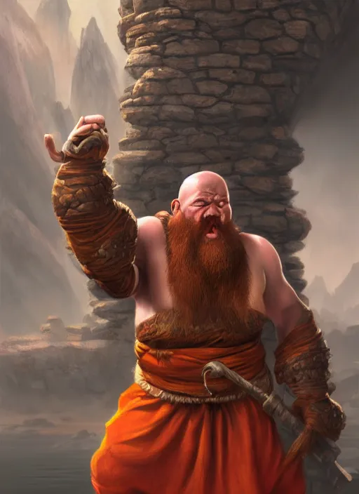 Image similar to Angry Dwarven Monk, Bald, Red Beard, Jumping, Ivan Aivakovsky, Boris Vallejo, epic fantasy character art, D&D Concept Art, full length, Realistic, Regal, Refined, Detailed Digital Art, Oil Paining, Exquisite detail, post-processing, masterpiece, Cinematic Lighting, Unreal Engine, 8k, HD