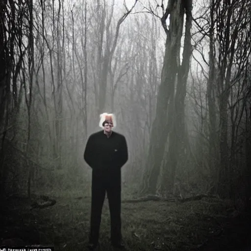 Prompt: joe biden with 4 arms, standing ominously barely in view far into the foggy woods with a demonic wide smile in his face, low quality iphone photo, creepy
