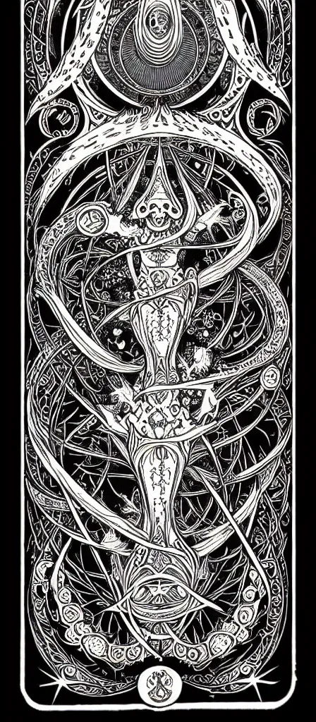 Prompt: a beautiful fractal tarot card featuring bold occult imagery with clean lines. skullpunk demon. dimension. haeckel fish and sea creatures. detailed adult coloring book