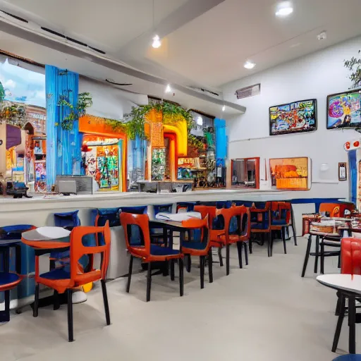 Image similar to photo of the outside of white cafe interior with arcade machines on one side and tables on the other, 8 0 s art on the tall white walls, wide angle shot 4 k hdr