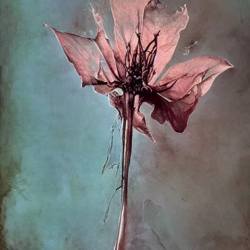 Prompt: bleak by peter andrew jones pearlescent. the mixed mediart is a beautiful & haunting work of art of a series of images that capture the delicate beauty of a flower in the process of decaying. the colors are muted & the overall effect is one of great sadness.