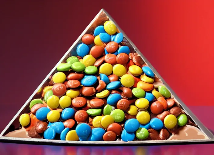 Prompt: broken m&m pieces with caramel ice cream swirl thrown around by centrifugal forces into the shape of a pyramid, museum sculpture, award-winning photo