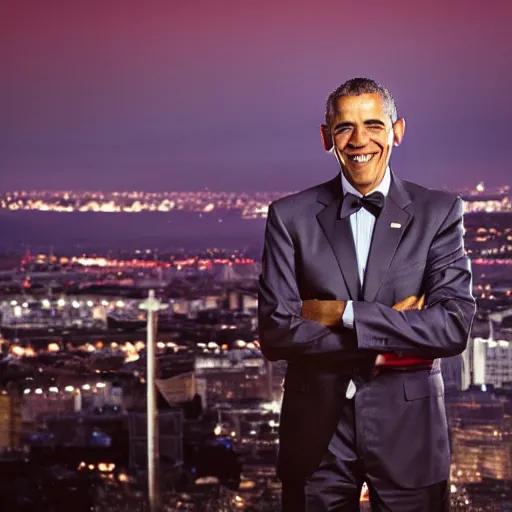 Image similar to a still of Barak Obama. Shallow depth of field. City at night in background, lights, colors ,studio lighting, mood, 4K. Profession photography