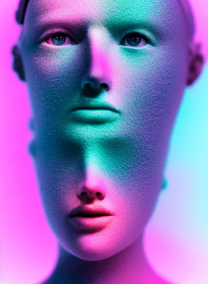 Image similar to high quality pastel coloured film close up photograph of a cyborg model in an icelandic black rock!! environment in a dreamstate environment. three point light. photographic production. art directed. pastel colours. volumetric light. pastel gradient overlay. waves glitch artefacts. extreme facial expression. 8 k. filmic.