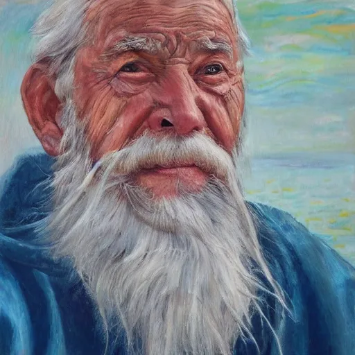 Image similar to realistic portrait painting of a wizened wrinkled old bearded fisherman, centered composition, oil on canvas