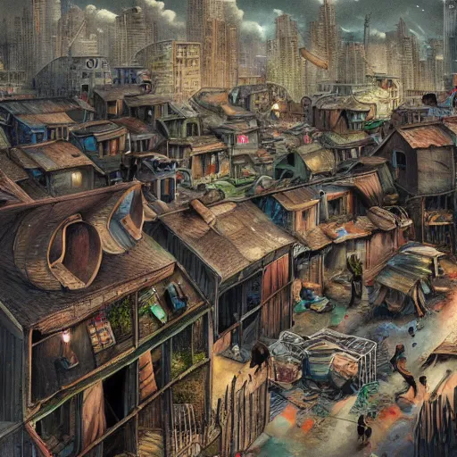 Image similar to slum neighborhood in lord of the ring world, on artgerm style, hyperrealistic content, high definition content, intricate, delete duplicate content, justify content center, 5 dark tone colors