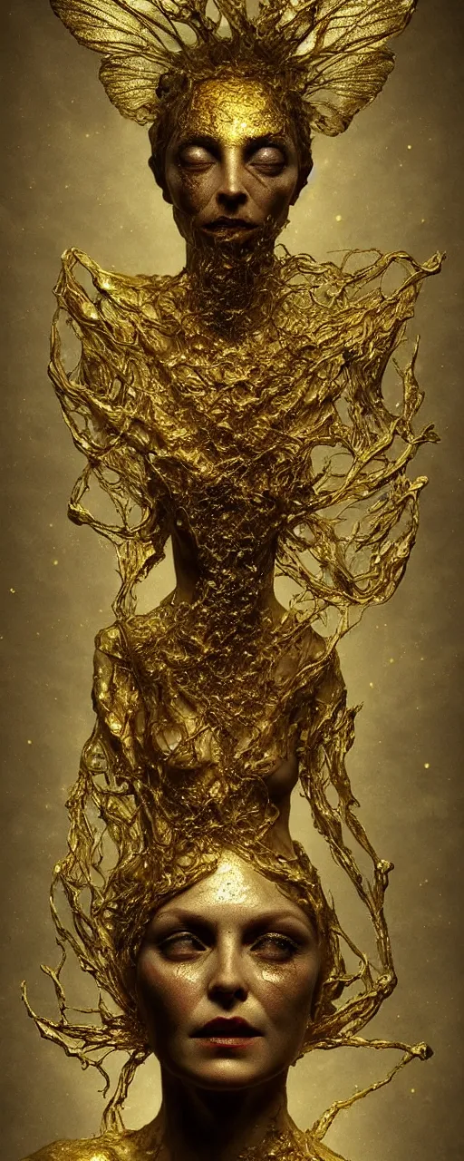 Prompt: Surreal portrait of a beautiful old goddess floating, Liquid gold simulation in background, ancient fairy dust, ultra super good realistic 3D render by Pete Morbacher and Emil Melmoth, insanely detailed, trending on artstation, sharp focus