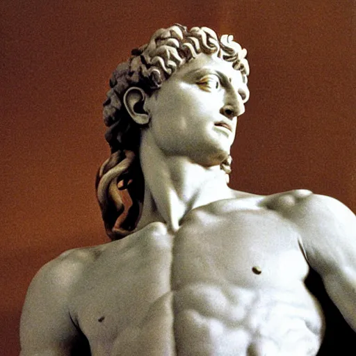 Prompt: A 35mm photo of Michelangelo’s sculpture of David wearing headphones