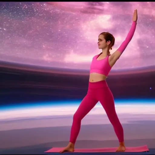 Image similar to emma watson as yoga instructor in space, cinematic shot, magical colors and atmosphere, perfect composition, coherent, super realistic, professional 8 k