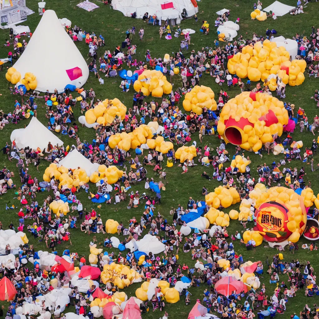 Prompt: festival theme camp called the poppin'kernels, with giant popcorn and movie projector outdoors at dusk