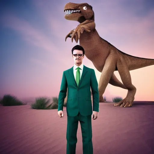 Image similar to a man with an elegant green suit, photography, 3 d render, at night, buildings, dinosaur, sand