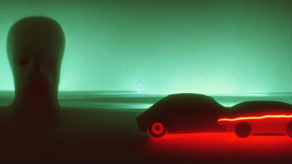 Image similar to the car made of glowing wax, film still from the movie directed by Denis Villeneuve and David Cronenberg with art direction by Zdzisław Beksiński, wide lens