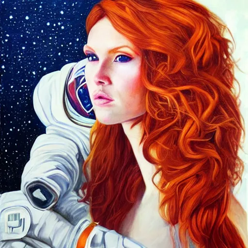 Image similar to redhead fashion model astronaut portrait, hyperrealism oil painting