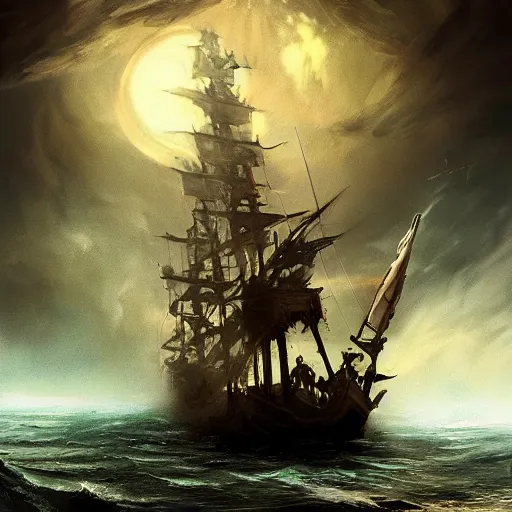 Prompt: !dream epic battle of pirates with a ghost ship filled with undead, fantasy concept art, trending on artstation, artstationHD, artstationHQ, 8k