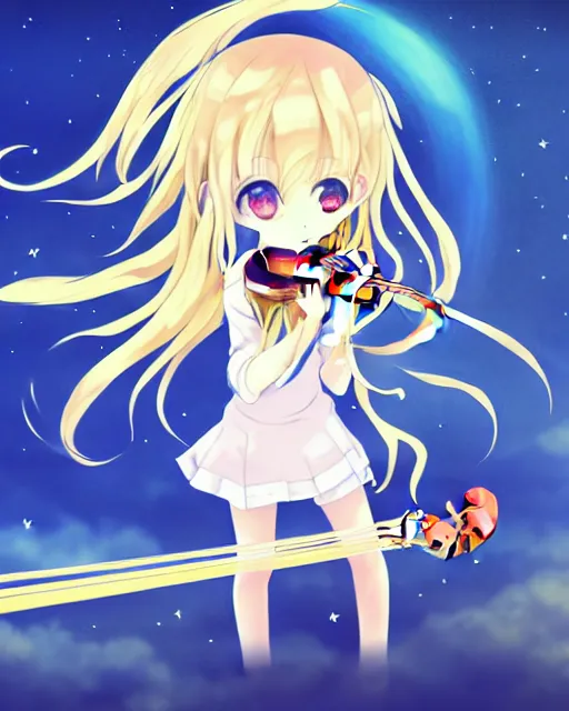 Image similar to anime style, chibi, full body, a cute girl with white skin and golden long wavy hair holding a violin and playing a song, heavenly, stunning, modern art, lunar time, trending art, sharp focus, centered, landscape shot, happy, fleeting dream, simple background, studio ghibly makoto shinkai yuji yamaguchi, by wlop