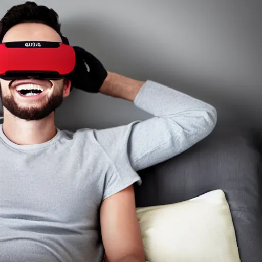 Prompt: Once a man exploded just before he went to sleep wearing a vr headset, smiling, realistic, ultra HD