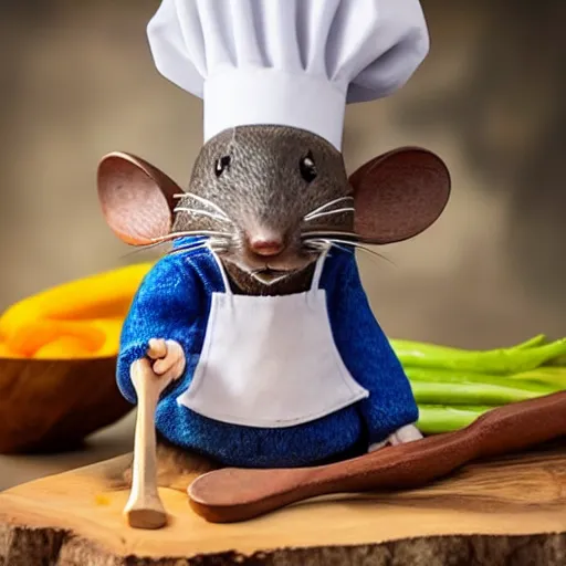 Image similar to blue rat with chef's hat holding a wooden spoon