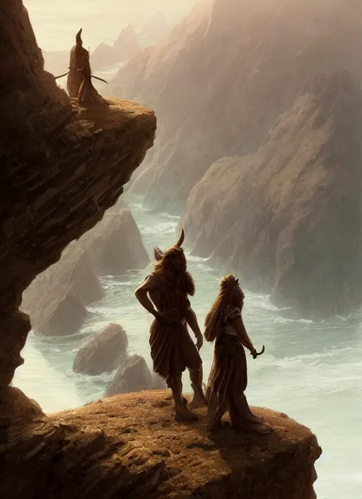Image similar to a viking couple standing on the edge of a cliff, highly detailed, digital painting, artstation, concept art, sharp focus, illustration, art by greg rutkowski and alphonse mucha