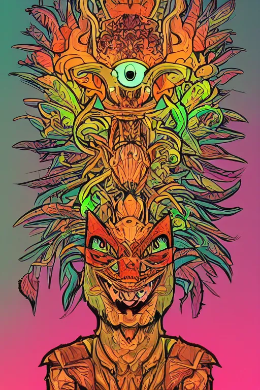 Image similar to animal mask totem roots flower tribal feather gemstone plant wood rock shaman vodoo video game vector cutout illustration vivid multicolor borderlands comics by josan gonzales and dan mumford radiating a glowing aura