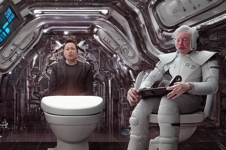 Prompt: hyperrealism aesthetic ridley scott and denis villeneuve style photography of a detailed hyperrealism elon musk, siting on a detailed sci - fi toilet and scrolling his smartphone in hyperrealism scene from detailed art house movie in style of alejandro jodorowsky and wes anderson