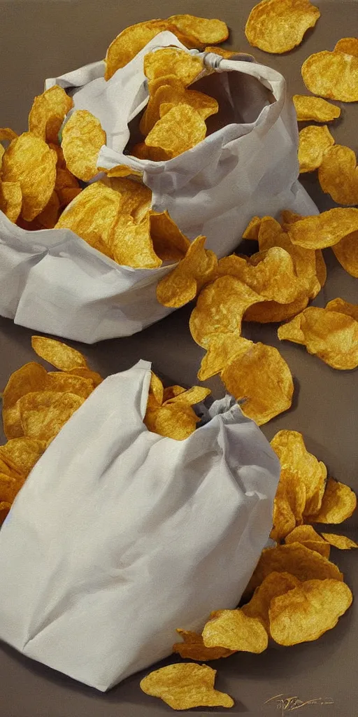 Prompt: hyperreaslistic painting of a bag of potato chips by István Sándorfi