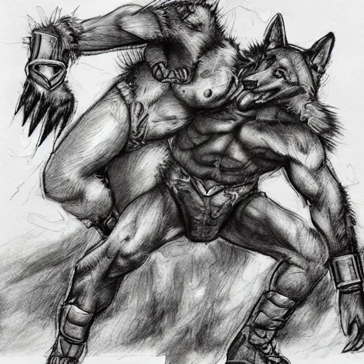 Image similar to a humanoid german shepherd beast - man wrestling with another german shepherd in the middle of an arena, pencil art, added detail, high definiton, colored, aerial viewyoji shinkawa