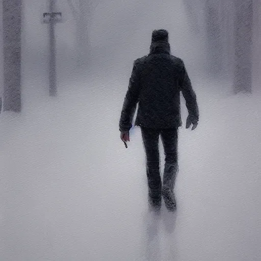 Prompt: a painting of a man wandering alone in a whiteout blizzard, Trending on artstation, by greg rutkowski and bob ross, theme of sadness and dispair.