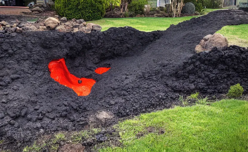 Prompt: miniature volcanic cone erupting with streams of lava in a suburban yard, ground level