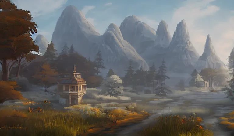 Prompt: A serene landscape with a singular building in the style of Blizzard Studio.