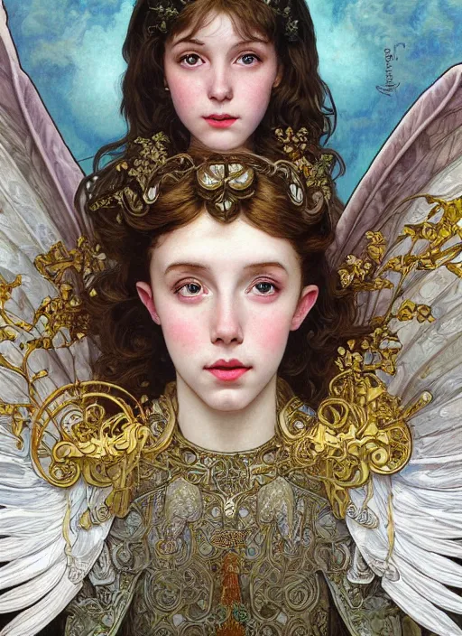 Prompt: realistic detailed painting of a 1 6 - year old girl who resembles millie bobby brown, mouth open, glowing, as an angel with a golden halo and white, feathered wings, wearing intricate, detailed art nouveau armor and silk, by alphonse mucha, ayami kojima amano, charlie bowater, karol bak, greg hildebrandt