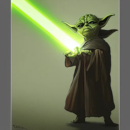 Prompt: inspired by ralph mcquarrie, yoda with a lightsaber