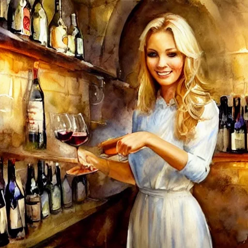 Image similar to hot blonde working in a wine cellar, food, pork, beer, schnapps, rustic, traditional, torches on the wall, watercolor by vladimir volegov