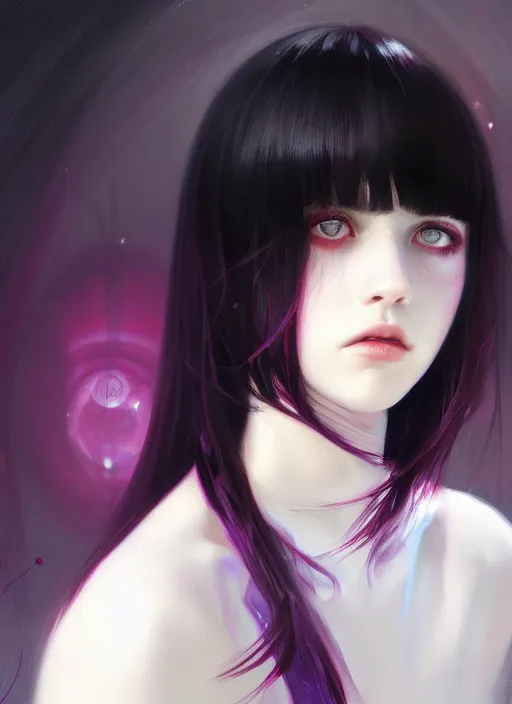 Prompt: portrait of teenage girl, red irises, red eyes, black hair, white bangs, purple clothes, white bangs, bangs, black hair and white bangs, intricate, elegant, glowing lights, highly detailed, digital painting, artstation, concept art, smooth, sharp focus, illustration, art by wlop, mars ravelo and greg rutkowski