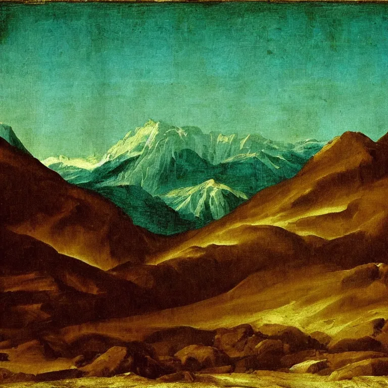 Prompt: caucasus mountains at night, renaissance painting, teal palette