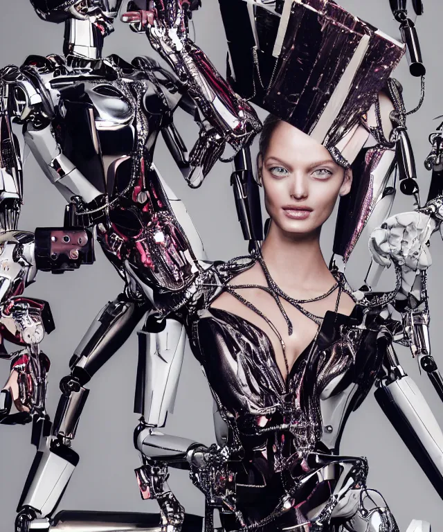 Image similar to a liquid metal robot is holding a fashion magazine and the magazine shows victoria's secret model and robot's head is partially moprhed into the model, realistic, 4 k