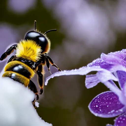 Image similar to a bee finding a beautiful flower, entrapped in ice, only snow in the background, beautiful macro photography, ambient light