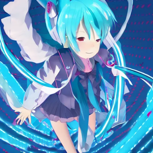 Image similar to high quality art of a hatsune miku is flying with her back to the camera above the night tokyo at bird's - eye height, glowing particles and ribbons follow her arms, glowing advertising banners on buildings depicting hatsune miku are visible in the distance, art by makoto shinkai, crunchyroll, pixiv, danbooru, hd